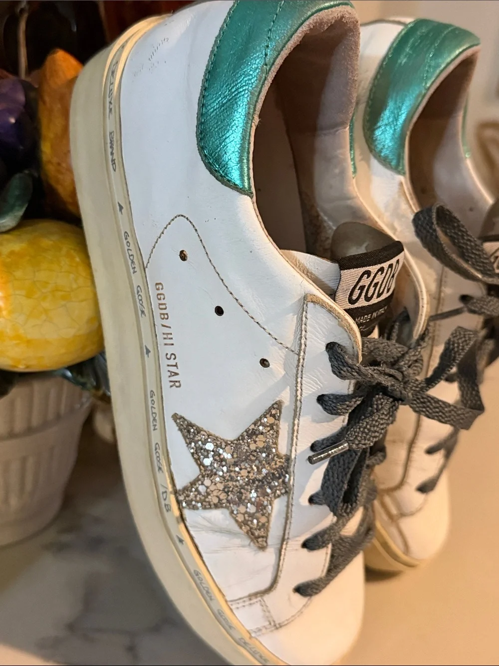 Golden Goose white leather sneakers with teal heel tabs fits 71/2